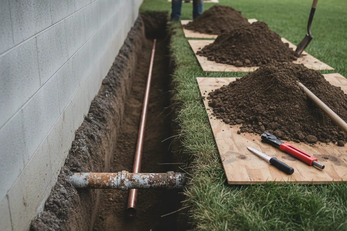 Excavated water line trench during Water Softener Installation in New Trenton